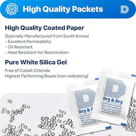 Dry & Dry 5 Gram [250 Packets] Premium Silica Gel, Desiccant Packs, Silica Packets - Rechargeable Silica Gel Packets, Silica Gel, Silica Gel Packs