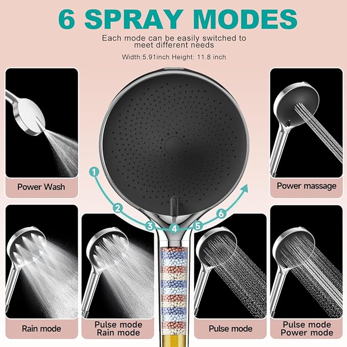 6“ Filtered Shower Head with Handheld, 6-Spray High Pressure Shower Head with Filter for Hard Water, Detachable Handheld Showerhead with Hose and Shower Arm Bracket, Chrome-Black - AquaVibe