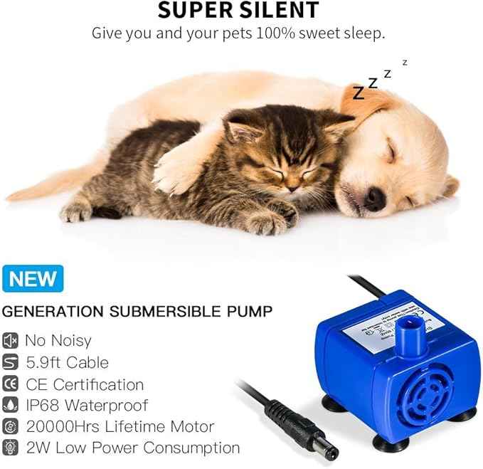 YOUTHINK Fountain Pump, Silent Submersible Pet Fountain Pump Low-pressure Consumption with 5.9 Feet of Power Cord, Suitable for 1.6l and 2.1l Flower Fountains Blue