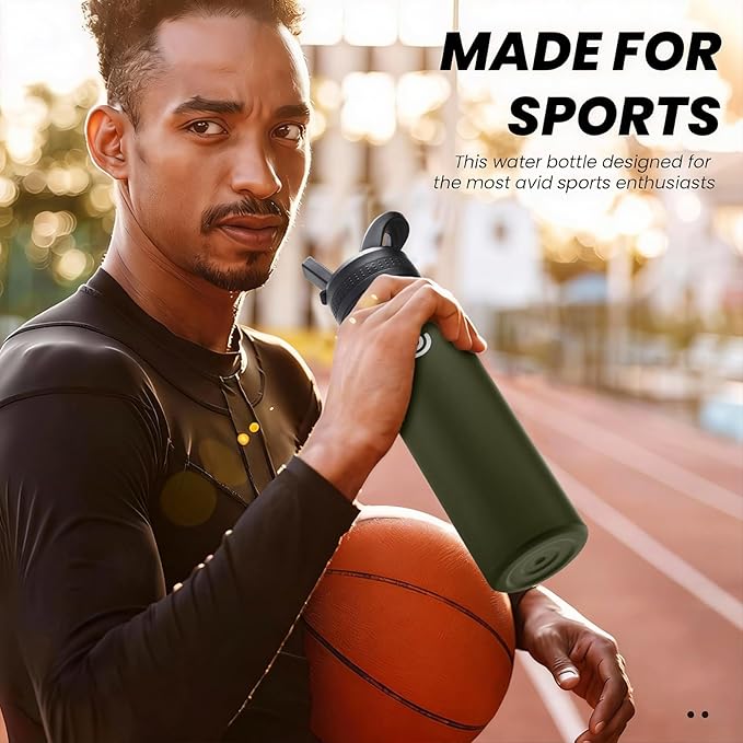 COKTIK 22oz Sports Water Bottle, Stainless Steel Water Bottle for Insulated, Reusable Travel Bottle, With Straw, With Handle Grip for Easy Carrying, Suitable for Cycling, Outdoor Vacations(Army Green)