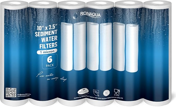 Ronaqua 1 Micron Sediment Water Filter Cartridge 10"x2.5", NSF Certified, 4-Layer Filtration for any 10-inch RO Units & Whole House Systems, Compatible with Culligan P5, AP110, WHKF-GD05, 6 Pack