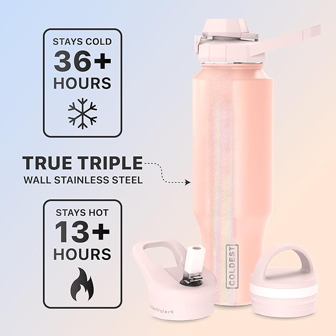 Coldest Sports Water Bottle - 3 in 1 Lids (Chug, Straw, Handle) - Insulated Stainless Steel Tumbler with Handle - Vacuum Water Flask Cup, Valentines Gifts for Him Her (46 oz, Forever Pink Glitter)