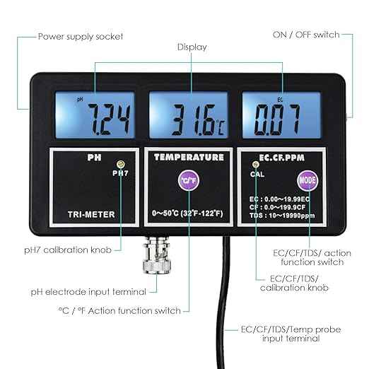 5-in-1 Water Quality Multi-Parameter PH EC CF TDS (ppm) Temperature Test Meter Backlight, Wall-mountable Rechargeable Continuous Monitor Tester, Aquariums Hydroponics Pool Fish Tank Pond Drinking