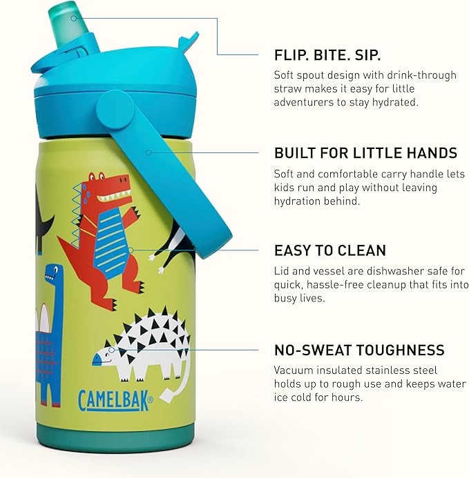 CamelBak Thrive Flip Straw Kids Bite Valve Stainless Steel Water Bottle Dino Jam, 12oz