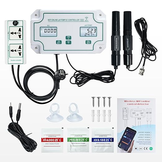 Smart EC pH Temperature Monitor for Hydroponics, 3-in-1 WiFi Water Quality Tester pH EC Controller with Dual Relay Output for Nutrient Reservoir Electric Conductivity Controller pH Meter for Aquarium
