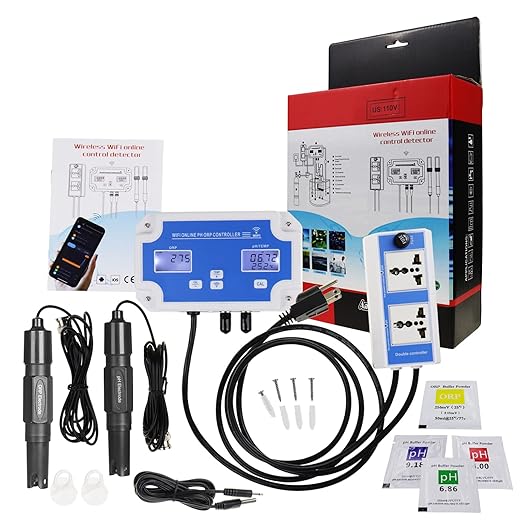 Smart pH ORP Controller Aquarium pH Monitor Wi-Fi for pH/ORP/Temp Measurements in Water w/Calibration, 3 in 1 Nutrient System Dual-Plug Fit with CO2 Bottle & O3 Generator for Hydroponics Plants
