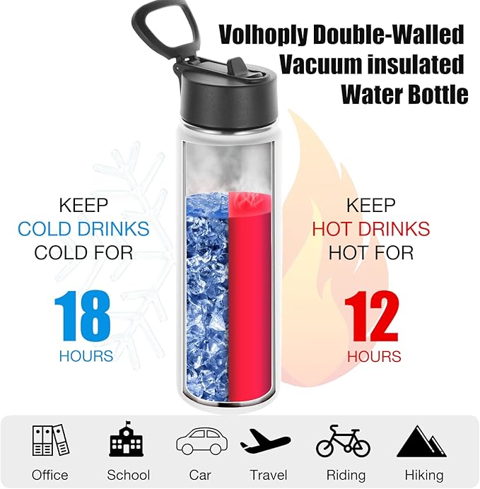 Volhoply Insulated Water Bottles with Straw Bulk 8 Pack,22 oz Stainless Steel Sports Bottle with Handle,Double Walled Vacuum Water Cups with Wide Mouth,Reusable Cold Water Flask(Eight Color,8 Set)