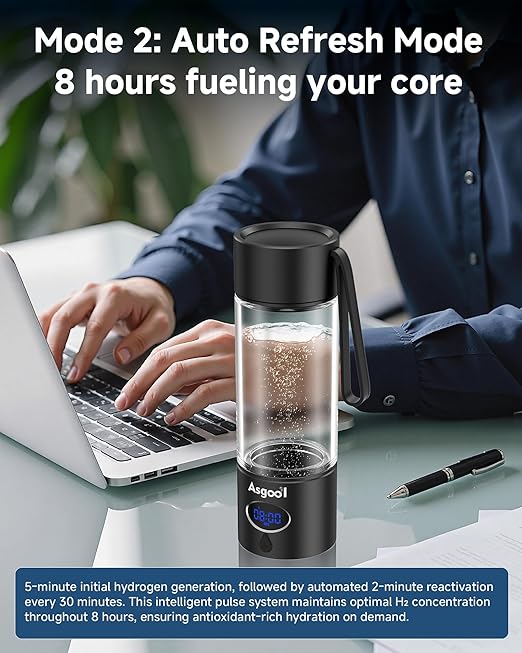 Hydrogen Water Bottle - 5000 PPB in 8 Minutes, Cyclic Mode for 8 Hours, Self Clean, Aluminum & Glass, for Travel Sports Office Home, Gift for Father Mom Family Friends Clients(Black, 12Oz)