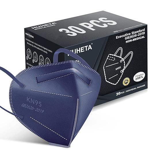 HUHETA KN95 Face Mask, 30 Pack Individually Wrapped, 5-Ply Breathable & Comfortable Safety Mask, Filter Efficiency=95%, Protective Cup Dust Masks Against PM2.5 (Royal Blue Mask) - AquaVibe