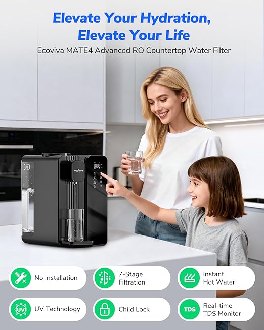 Ecoviva Countertop Reverse Osmosis Water Filter with UV - 7-Stage Purification, Instant Hot Water (212°F), Real-Time TDS, 3:1 Pure to Drain, Desktop Water Purifier Ideal for Apartment & Dormitory