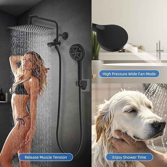 All Metal Black Shower Head, 10" High Pressure Rainfall/Handheld Shower Combo with 11" Extension Arm, 10-Spray Handheld Showerhead, 71" Long Hose, 3-Way Diverter Valve, Matte Black