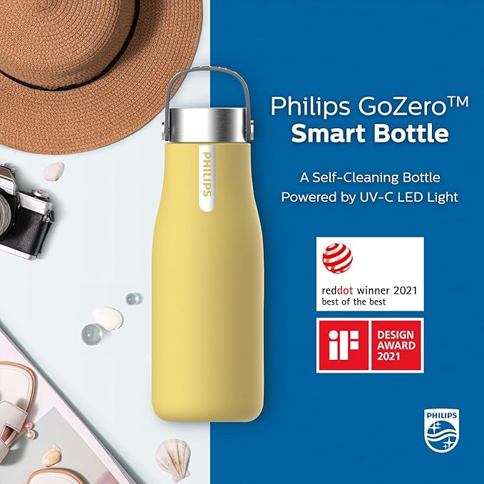 Philips Water GoZero UV Self-Cleaning Smart Water Bottle Vacuum Stainless Steel Insulated Water Bottle with Handle Double-wall, Auto Cleaning, Keep Drink Hot or Cold, BPA Free