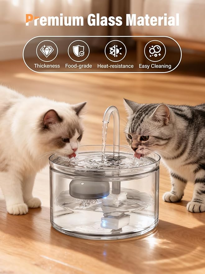 Cat Water Fountain, 74oz/2.2L All Glass Automatic Water Fountain with Ultra-Quiet Auto Shut-Off Pump, Easy to Clean Pet Water Dispenser for Cats, Kittens (with 4 Filters)