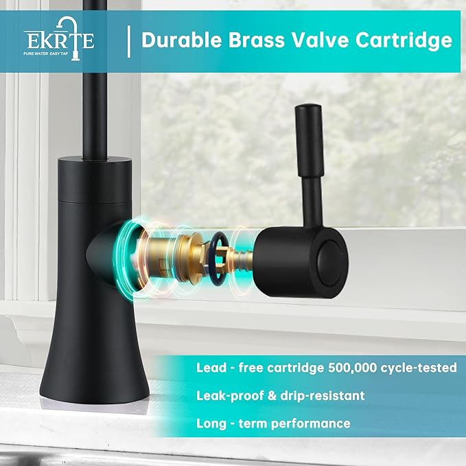 EKRTE Matte Black Drinking Water Faucet for Kitchen Sink, Brass Kitchen Water Filter Faucet,Commercial Water Filtration Faucet for Under Sink Water Filter System, Solid Brass RO Faucet in Matte Black