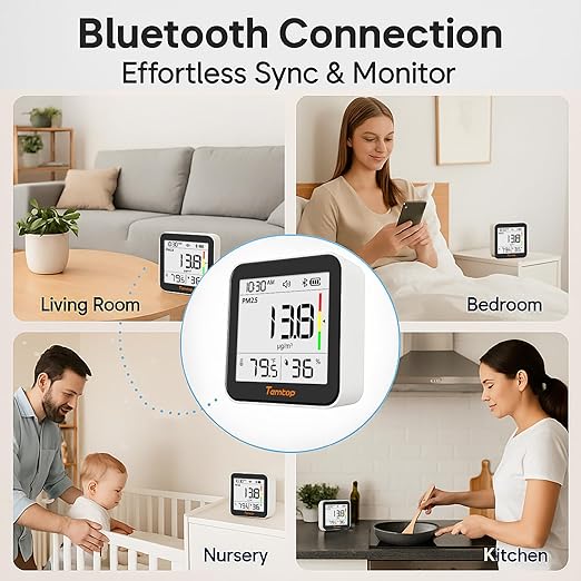 Temtop M10+ Indoor Air Quality Monitor, 6-in-1 CO2, PM2.5, VOC Detection, Smart Temperature & Humidity Sensor, with App Connectivity for Home Air Quality Testing & Analysis