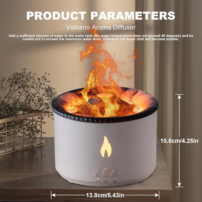 Volcano Humidifier Flame Aroma Diffuser: Ultrasonic Essential Oil Scent Diffuser 300ml Large Capacity 2-in-1 Essential Oil Diffuser with Function Timer for Bedroom Home Office (No Remote Control)