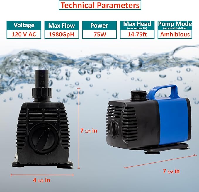 1981 GPH Submersible Pump(7500L/H,75W) Ultra Quiet Adjustable Amphibious Internal External Water Pump for Pond,Aquarium,Fish Tank,Fountain,Hydroponics,Statuary,Sump Pump - 6 Pcs - AquaVibe