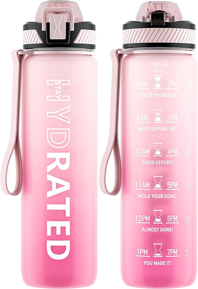 Water Bottle with Straw, 32oz Motivational Water Bottles with Time Marker to Drink, Tritan BPA Free, 1L Sports Water Bottle with Carry Strap LeakProof for Women Gym Fitness Outdoor (1 Pack)