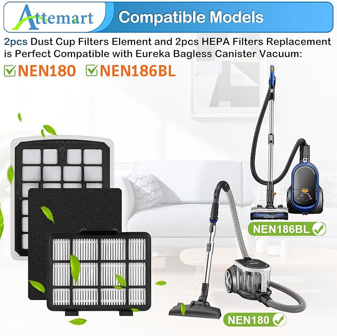 Replacment Filter Compatible with Eureka NEN186BL NEN180 Bagless Canister Vacuum Cleaner Replacement Parts, 2 Filters & 2 Dust Cup Filters Element, 4 Pack - AquaVibe