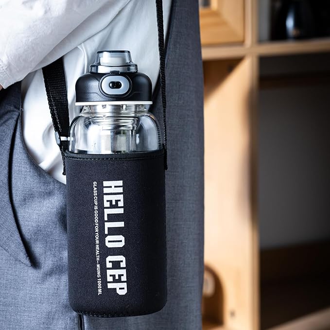 34oz Glass Water Bottle with capacity Mark & Stainless Steel Tea Strainer-Large Capacity for Hot/Cold Drinks,Coffee,Tea,and Water-Includes Protective Sleeve,Perfect for Home,Office (34oz2PCS)