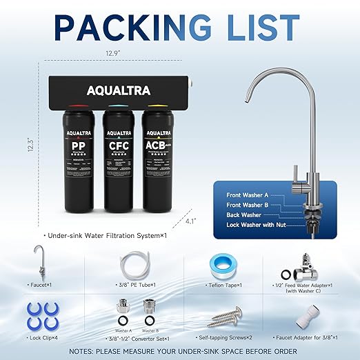 AQUALTRA USF-3F-10 Slightly Alkaline Under Sink Water Filtration System, 8K-32K Gallons with Faucet, 0.5 μm Carbon Fiber Filter Reduces Chlorine, Chloramine, Fluoride, Bad Taste & Odor