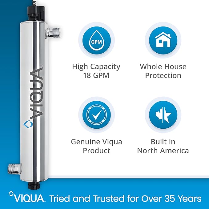 Viqua VH200-F10 Home 9 GPM Stainless Steel UV Light Water Purifier with Integrated Sediment Pre-Filter Whole House Water Filter System for Well and City Water, Includes UV Lamp and Quartz Sleeve