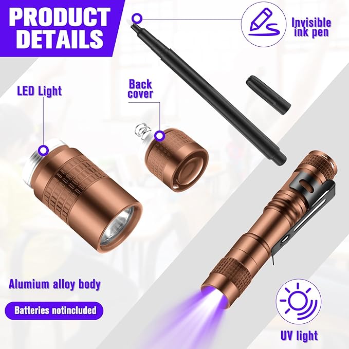Tegeme 8 Pcs Black Light Markers Set 4 Invisible Ink Pen 4 Mini UV Flashlights Invisible Ink Marker Disappearing Pen for Spy Gadgets Secret Message Gift Party Favors(Bronze and Black)