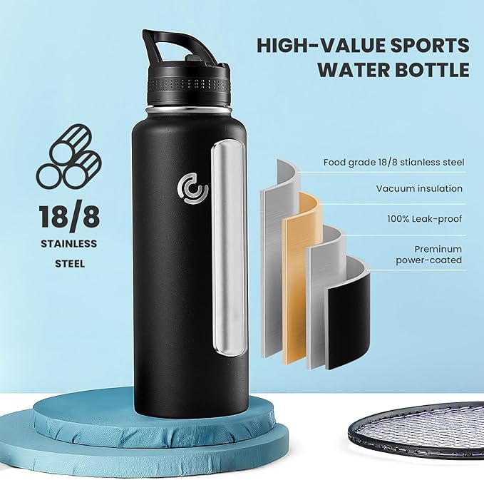 COKTIK 40oz Sports Water Bottle, Stainless Steel Water Bottle for Insulated, Reusable Travel Bottle, With Straw, With Handle Grip for Easy Carrying, Suitable for Cycling, Outdoor Vacations(Black)