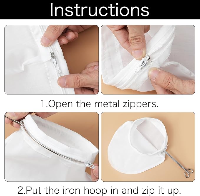 4pcs Ultra Fine Mesh Strainer Bags with Stainless Steel Handle, Nut Milk Bag Strainer, Reusable Cheese Cloth for Straining Juices, Honey, Butter with steel ring