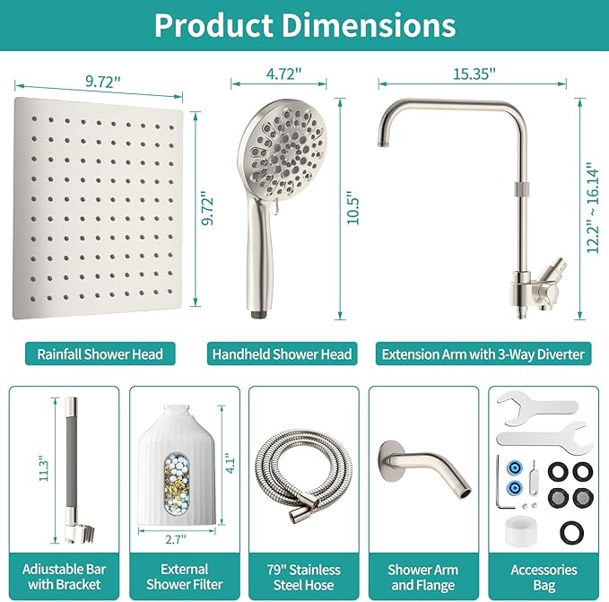 MIAOHUI High Pressure Rain Shower Head with 7 Settings Handheld Spray, Dual Shower Heads with Handheld Spray Combo, 10 Inch Luxury Rainfall Shower Head and Handle Set with Filter (Brushed Nickel)
