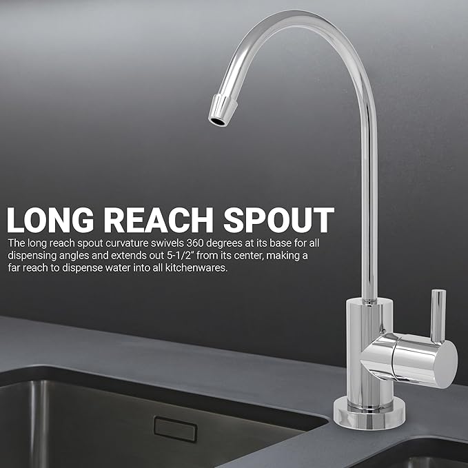 Non Air Gap RO Water Filtration System Water Dispenser Spout (Chrome). Euro Style with Faucet Wrench NSF Certified.