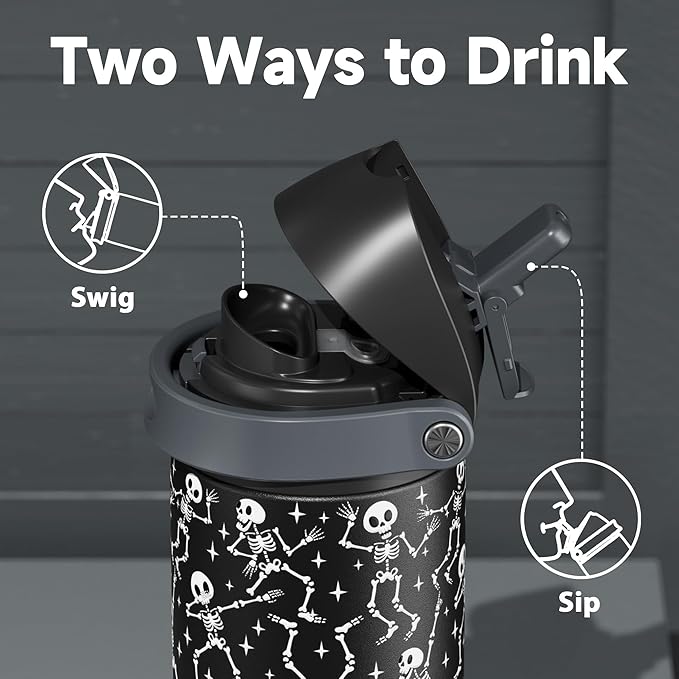 24 oz Insulated Water Bottle with Straw: Meoky Stainless Steel Water Bottle with 2-in-1 Straw Lid - Leak Proof, Cold for 24 Hours, Protective Silicone Base, BPA-Free for Travel Gym, Pop Skull