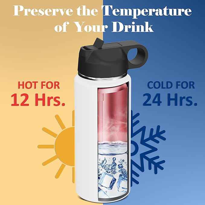 Custom Personalized Birth Flower Your Name Vertical Insulated Stainless Steel Water Bottle with Flip Top Lid & Straw Gift for Her 32 oz.