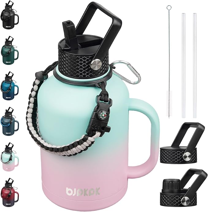 BJPKPK Large Insulated Water Bottles with Straw Lid & Handle, 50oz Water Bottle with 3 Lids and Paracord Strap, Stainless Steel Metal Water Bottle, Insulated Water Jug, Marshmallow