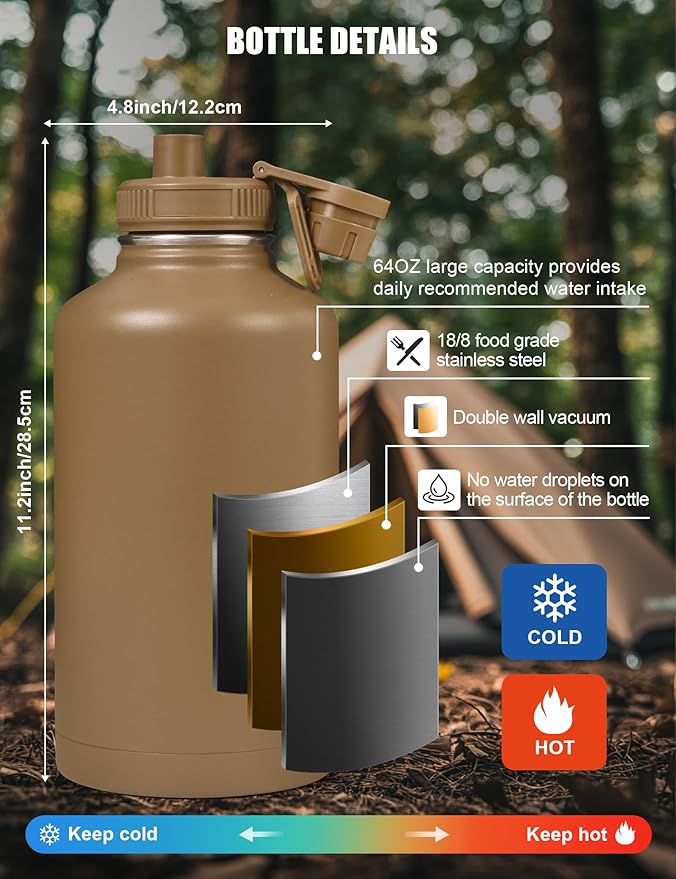 Tactical Half Gallon Water Bottle with Straw, 64 Oz Insulated Water Jug with Molle Water Bottle Holder, Stainless Steel Sport Bottle with 3 BPA Free Lids for Gym Workout Hiking (Brown)