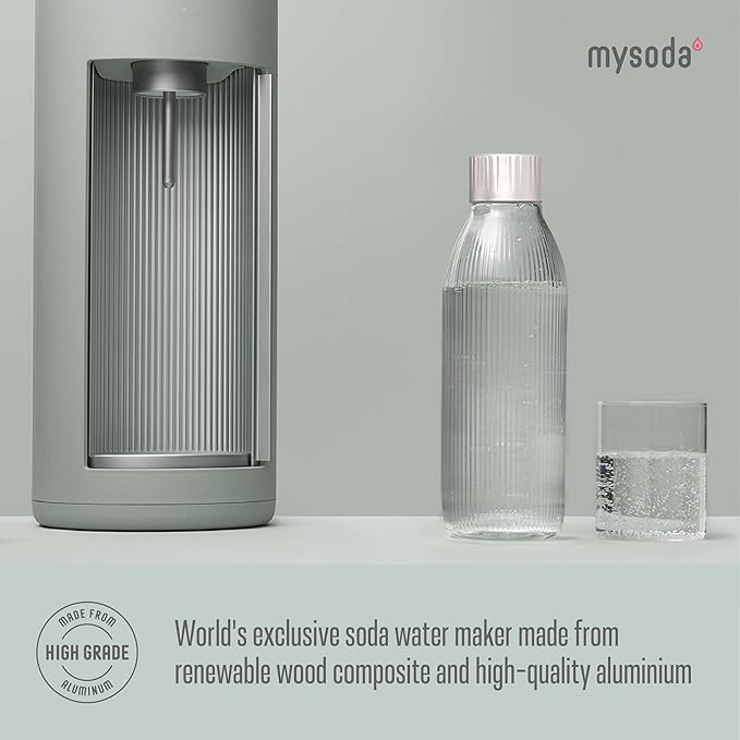 New Mysoda Glassy Design Sparkling Water Maker With 1L Glass & Plastic bottle - Silent Nordic Design Soda Maker Featuring A Sliding Door Opening - No Cylinder Included - Colour Green