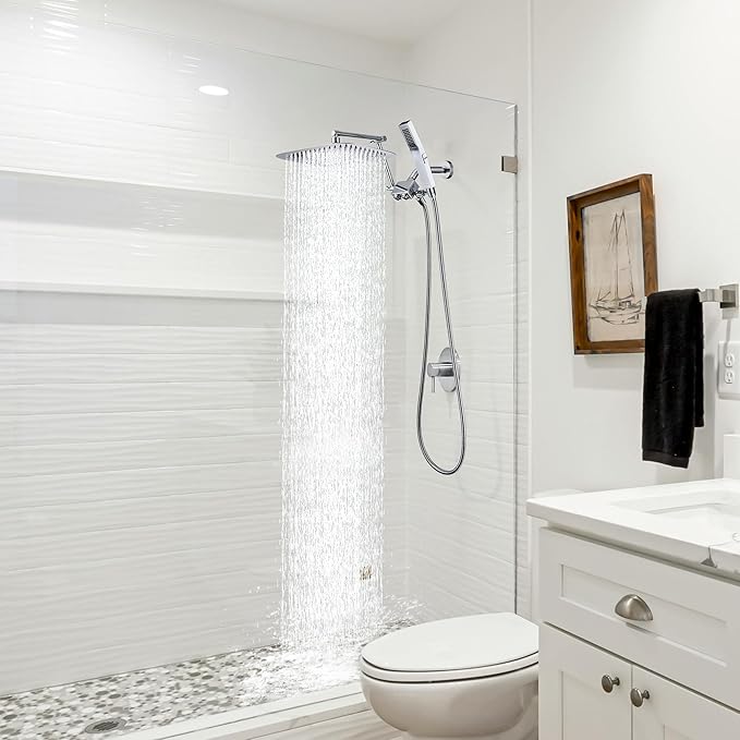 G-Promise All Metal 12 Inch Shower Head with Handheld Spray Combo，Rain Shower Head with Handheld Built-in Power Wash Mode, Adjustable Extension Arm with 4-Mode Diverter, 71 Inch Extra Long Hose