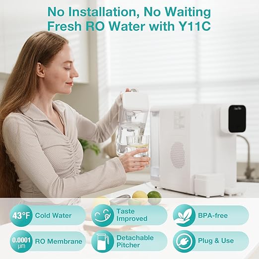 SimPure Y11C UV Cold Reverse Osmosis Water Filter Countertop, 6-Stage RO Water Filtration System, Water Purifier with Portable Water Pitcher, Temperature Adjustable 43-59°F, No Installation