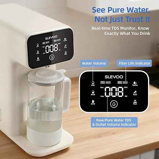 Reverse Osmosis Water Filter Countertop, 6 Stage Ro Water Filtration System with Remineralization Glass Pitcher, 4:1 Pure to Drain, TDS Displaying, 4L Capacity Tank for Home Office(Warm White)