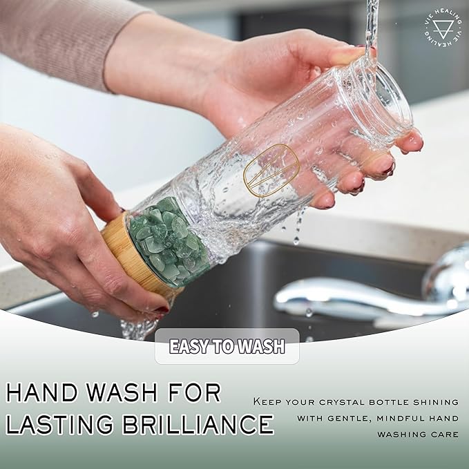 Vie Healing Gem Infused Aventurine Crystal Water Bottle, 16oz | Crystal Glass Bottle for Mindful Hydration, Daily Balance & Style | Eco Friendly Reusable Water Bottle for Home, Office, Gym & Travel