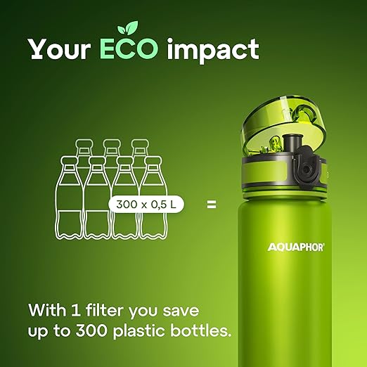 AQUAPHOR City Filtered Water Bottle in Tritan BPA-free - Portable with Integrated Water Purifying Filter 500 ml - Green