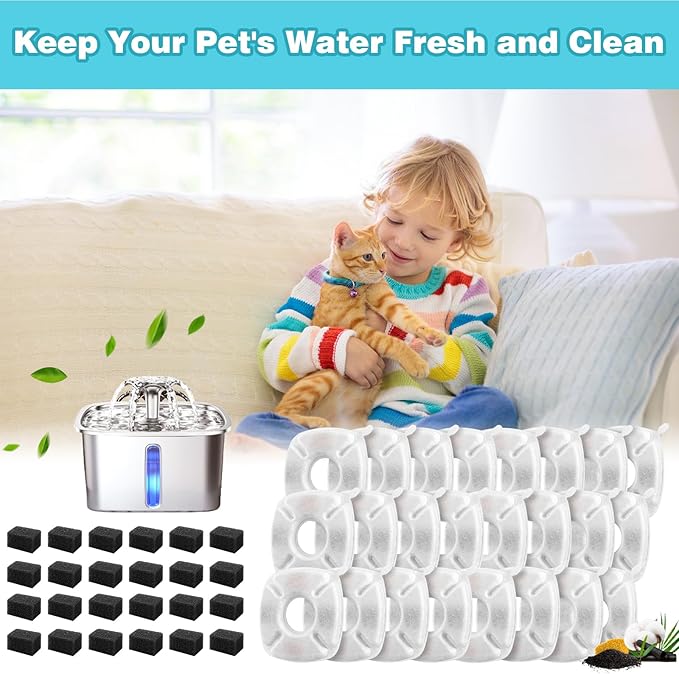48 Pcs Cat Water Fountain Filters for Veken 95oz, 67oz, 135oz Dog & Cat Fountain, 24 Pack Replacement Filters & Pre-Filter Sponges for Automatic Pet Fountain, Keeps Water Fresh & Clean