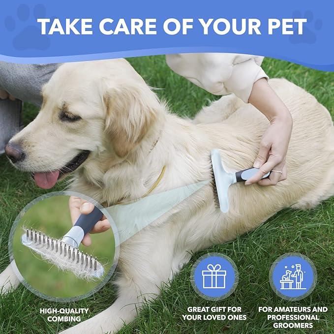 Dog rake deshedding dematting Brush Comb - Undercoat rake for Dogs, Cats, matted, Short,Long Hair Coats - Brush for Shedding, Double Row Stainless Steel pins - Reduce Shedding by 90% (Haze Blue) - AquaVibe