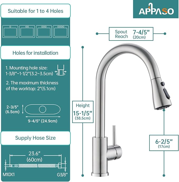 APPASO Kitchen Faucet with Soap Dispenser, Pull Down Sprayer 3 Modes, Brushed Nickel High Arc Single Handle Gooseneck Stainless Steel Sink Faucets for Kitchen Farmhouse RV Laundry Camper