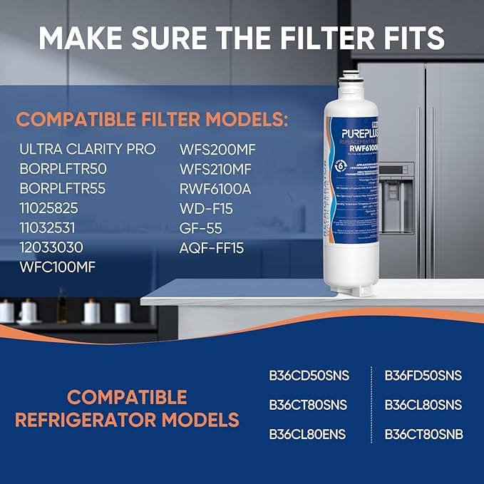 PUREPLUS BORPLFTR50 Replacement for Bosch 11025825 Ultra Clarity Pro Refrigerator Water Filter, Compatible with 12033030, 12028325,11025825, BORPLFTR55, WFC100MF, B36CT80SNS, B36CL80ENS, 2Pack