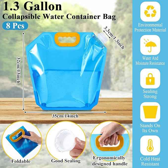 Tessco for you 8 Pack 1.3 Gallon Collapsible Water Storage Bag Water Container Emergency Jug Plastic Storage Pouch Freezable Carrier Tank Foldable Bottle for Outdoor Sport Camping (Blue)