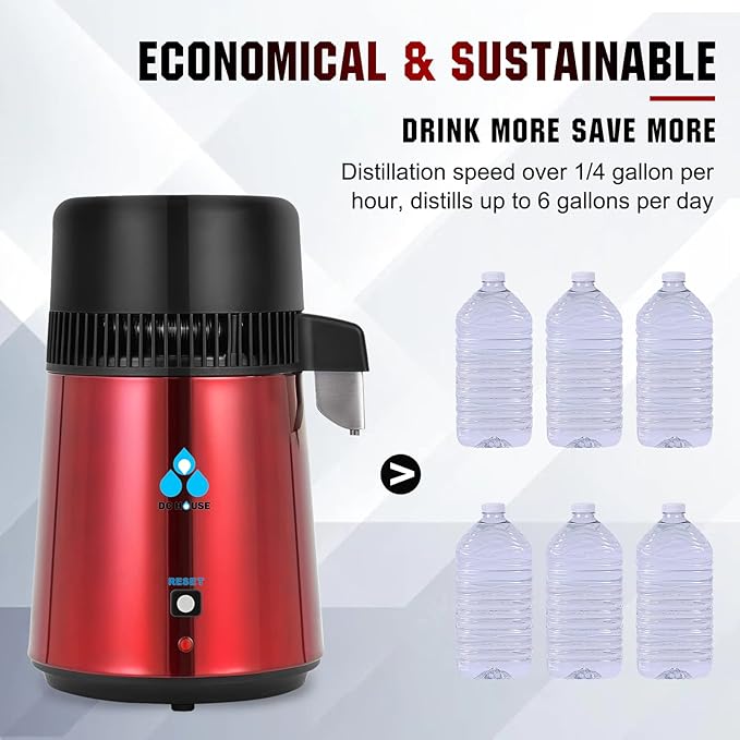 DC HOUSE Upgrade 1 Gallon Water Distiller, 4L Stainless Steel Home Countertop Drinking Pure Water Distiller Machine with On Off Switch, Glass Container