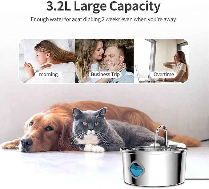 Cat Water Fountain Stainless Steel: 108oz/3.2L Water Fountains for Cats Indoor, Cat Water Fountain, Ultra Quiet, Water Level Window Built (1PC + 2 Filter, X)