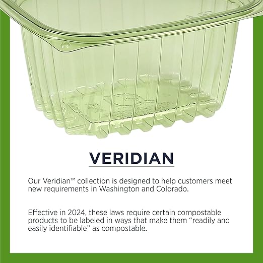 ECO PRODUCTS Compostable 12oz Rectangular Deli Containers With Lids, Pack of 100, Veridian Clear Green Meal Prep, Made from PLA, A Renewable Material Made from Plants, One Lid Fits All