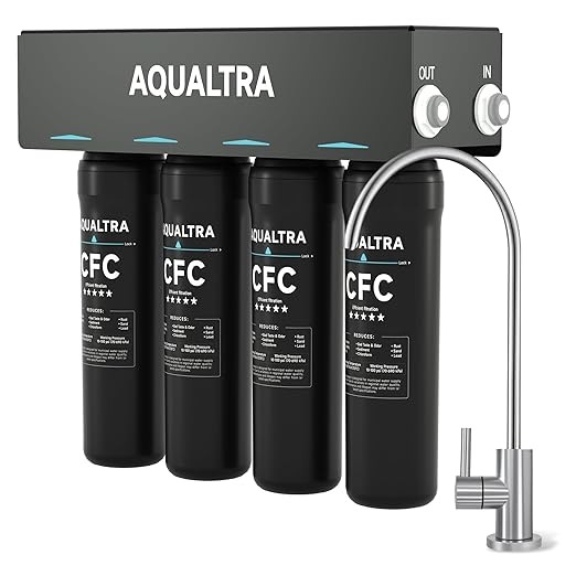AQUALTRA USF-4F-10 Under Sink Water Filtration System, Commercial 65K Gallons with Faucet, 0.5 μm Carbon Fiber Filter Reduces Chlorine, Chloramine, Fluoride, Bad Taste & Odor